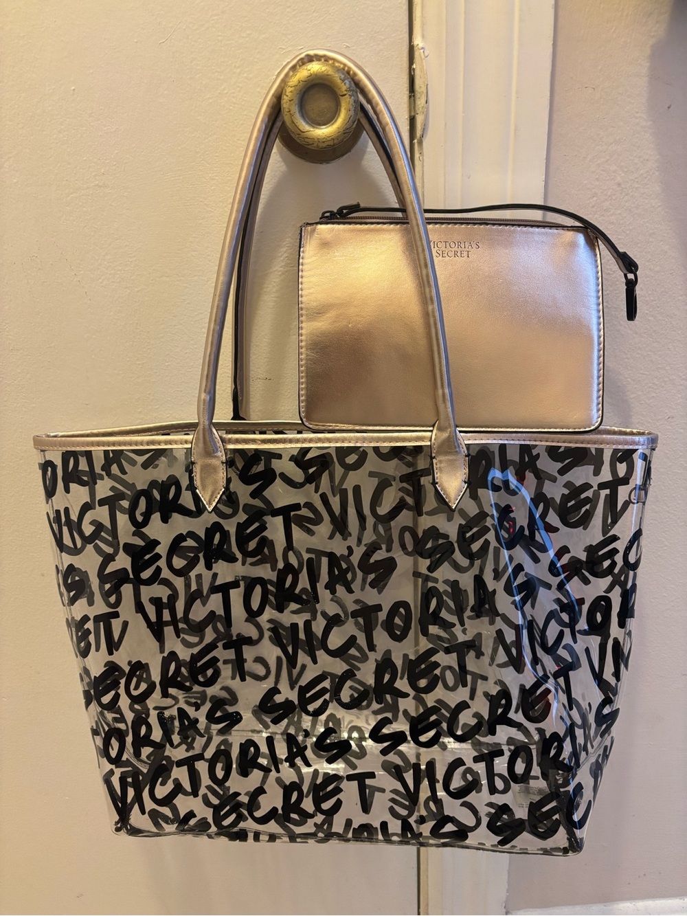 Victoria's Secret Clear Graffiti Tote with Metallic Pouch